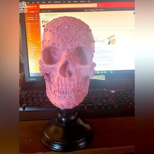Pink Decorative Skull on Painted Black Wooden Base